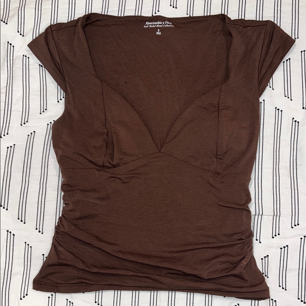 Abercrombie & Fitch Brown V-Neck Ruched Short Sleeve Padded Top
